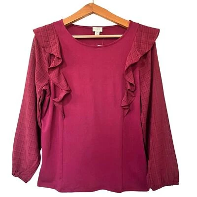 Top Campesino J Crew Volantes Medios Mixtos Talla M Borgoña Romántico Oficina Mujer Foto 1 de 4