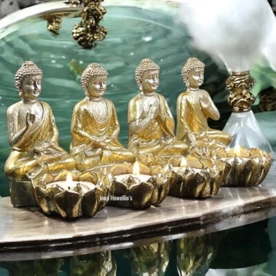 Thai Buddha Candle Holder Meditating Four Tea Light Zen Ornament Sculpture Gold - Image 1 of 4