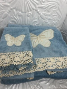 Vintage Grand Prix By Avanti 2 Blue Butterfly Bath towels,1 Hand Towel  - Picture 1 of 11