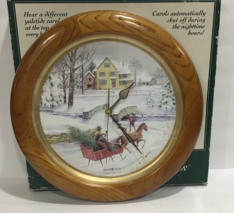 Vintage Howard Miller Christmas Carols Oak Frame Wall Clock Musical 14” Oak Wood Cover