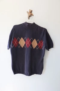 80s 90s Charter Club Mock Neck Sweater L Short Sleeve Navy Red Tan - Picture 1 of 5