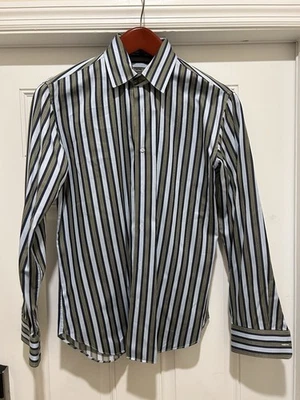 Camisa de Vestir Salvatore Ferragamo M Azul Verde Rayas 100% Algodón Hecha en Italia Foto 1 de 4