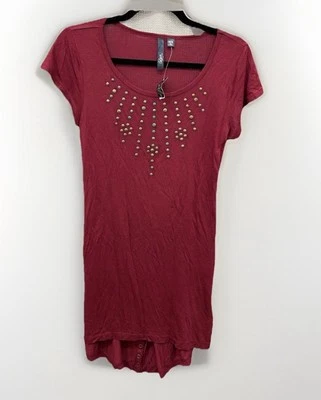 NUEVO CON ETIQUETAS Y2K Vintage Túnica Camiseta Larga Estrás Tachuelas Borgoña Talla Mediana Jersey Foto 1 de 4