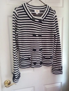 TALBOTS Sz L  100% Cotton cardigan jacket Navy White nautical stripes NEW no Tag - Picture 1 of 12