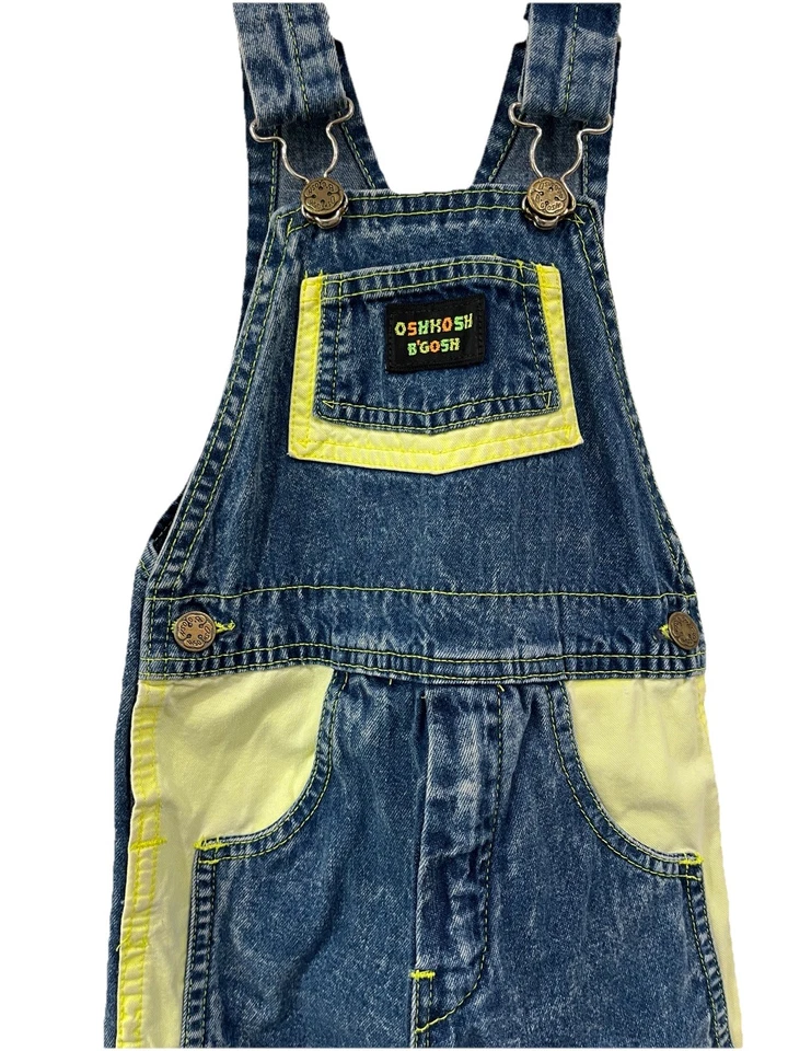 Mono OshKosh Vintage Años 80 90 Lavado Ácido Amarillo Neón Chaleco Espalda Denim - Talla 4T Foto 1 de 4
