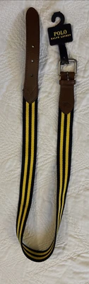 Polo Ralph Lauren Belt Striped Brass Buckle Sz 34/85 Navy Yellow New - Image 1 of 4