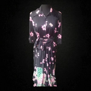 60's VTG Eyeful Black And Pink Tropical Floral Elephant  Print Peignoir Set Sz L - Picture 1 of 8