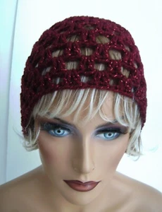 NUEVO GORRO MORERA BRILLANTE TEJIDO ABIERTO HECHO A MANO BOINA DE GANCHILLO CALAVERA GORRA - Imagen 1 de 4