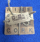 NEW Teak Coaster Set of 4 Coasters Scrabble Wine Square Rustic Earthy Brown