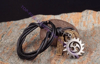  Collar con colgante ajustable de sol de fuego negro para hombre de cuero genuino con cordón Foto 1 de 4