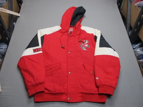 Vintage Wisconsin Badgers Jacket Mens 2XL Red Nutmeg Puffer Coat Hooded Bucky Cover