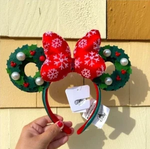 Disney Parks Minnie Wreath Bow Ears Green Red Christmas Holiday Headband - Picture 1 of 9