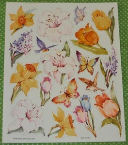 VINTAGE AMERIKANISCHE GRÜSSE FRÜHLING ~ BLUMEN ~ LILIEN ~ TULPEN ~ SCHMETTERLINGE AUFKLEBER ~ AGC - Bild 1 von 1