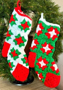 Vintage Pair 2 Crocheted Granny Square Red/Green Christmas Stockings Small 13in - Picture 1 of 6