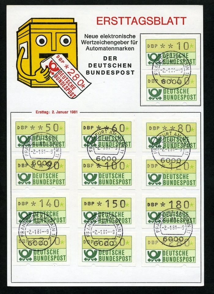 ATM Ersttagsblatt der Deutschen Bundespost, Frankfurt am Main 11 ,RRR, 1.1. hu - Bild 1 von 1