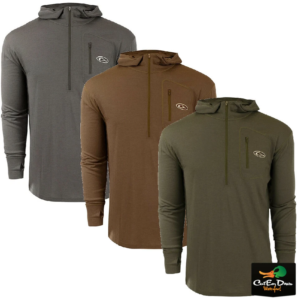  DRAKE WATERFOWL MERINO WOOL HALF ZIP BASE LAYER SHIRT TOP WITH HOOD - Image 1 of 1