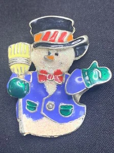 Schneemann Zittern Brosche Anstecknadel Winter silberfarben Emaille Weihnachtsgeschenk Vintage - Bild 1 von 7