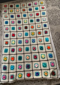 VTG Handmade Crochet 3D Rose Flowers Afghan Throw Blanket 48”x80” Granny Square - Picture 1 of 3