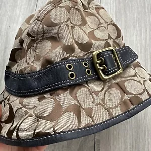 Authentic COACH Signature Logo Leather Strap Bucket Hat /brown beige/ Size S - Picture 1 of 16