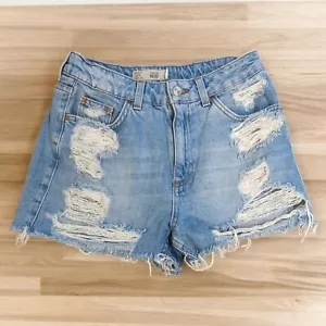 Top Shop Moto Mom Womens Jean Hot Shorts Distressed Raw Hem High Rise Blue Sz 8 - Picture 1 of 3
