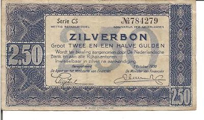 NETHERLANDS, 2 1/2  GULDEN, ZILVERBON, P#62, 1938 - Image 1 of 2