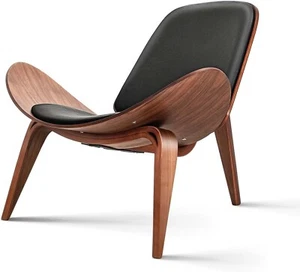 CH07 Shell Smile Lounge Chair – Walnut Wood & Black Leather - Picture 1 of 8