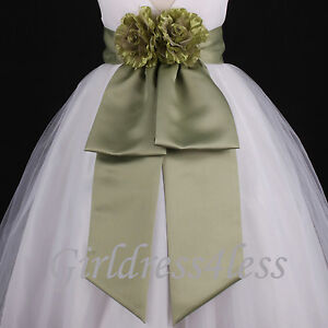 Sage Green Sash Wedding Flower Girl Bridesmaid Dress Bow 12M 18M 2 4 6 8 10 12