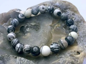 Pulsera de piedras preciosas para hombre y mujer todas las cuentas de piedra de seda negra de 10 mm - Imagen 1 de 3