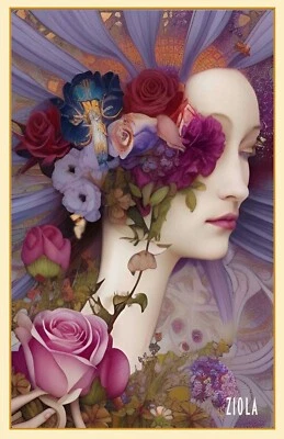 Painting of Girl by Ziola signed floral botanical flowers Art Nouveau Surreal - Image 1 of 4