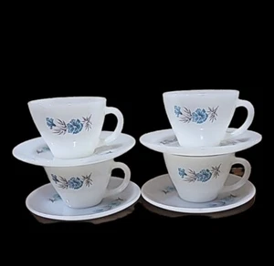 4 Vintage Anchor Hocking Fire King BOUTONNIERE Milk Glass Cups and Saucers Set - Picture 1 of 17