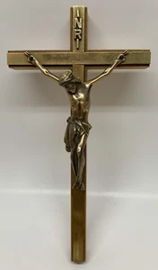 VTG OAK & Brass MCM Large 12" X 6.25" Catholic Church INRI Crucifix - Picture 1 of 9