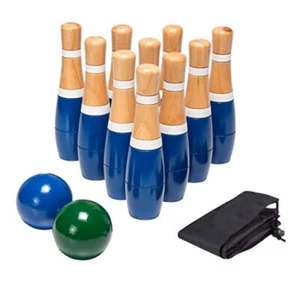 13-Piece Wood Bowling Set - Indoor/Outdoor Bowling Game for Adults Blue & White - Picture 1 of 7