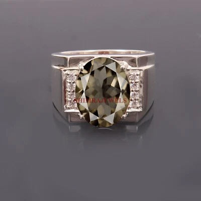 Naturale Fumoso Quarzo Gemma Con 18k Placcato Oro Bianco Argento Uomo Ring #1787 - Immagine 1 di 4