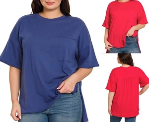 T-shirt girocollo cotone bordo grezzo tasca anteriore orlo alto basso top raccolto dietro - Foto 1 di 9