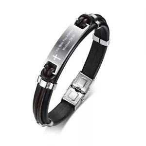 Men Bracelet Genuine Leather Wristband Christian Lord Bible Matthew 28:20 Prayer - Picture 1 of 8