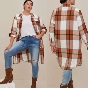Torrid Cotton Long Line Shacket Women’s 1/ (14-16) Plaid Button-Front Tan White - Picture 1 of 7
