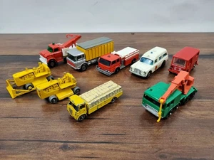 Vtg 1960s Matcbox Car Lot Caterpillar Esso Mail Truck Fire Truck DAF Wheel Crane - Picture 1 of 10
