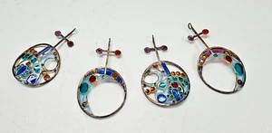 Plique a jour 4 hanging pendants Translucent enamel Sterling Silver artisan made - Picture 1 of 13