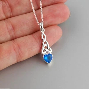 Sterling Silver Celtic Knot Heart Necklace with Blue Cubic Zirconia, 18" Chain - Picture 1 of 3