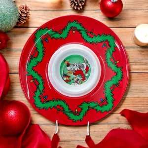 Vtg Bugs Bunny Daffy 13" Plastic Christmas Tray w/Dipping Dish Looney Tunes 1995 - Picture 1 of 6