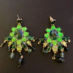 Vintage Liz Claiborne Gold Green Checkerboard Faceted Chandelier Drop Earrings - Picture 1 of 5