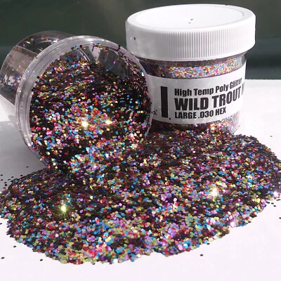 THE GOLDEN GRUB LURE CO NEW 2 OZ. Jar .030 WILD TROUT MIX High Temp Glitter Hex Fishing lure plastisol
