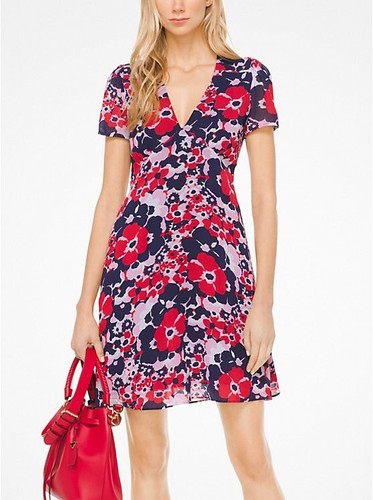 Abito floreale Michael Kors Georgette aderente e svasato taglia 00 foderato rosso rosa blu