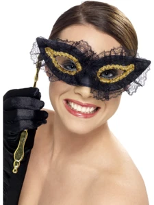 Gold & Black Opera Style Eyemask On Stick Ladies Masquerade Fancy Dress Prop - Picture 1 of 1