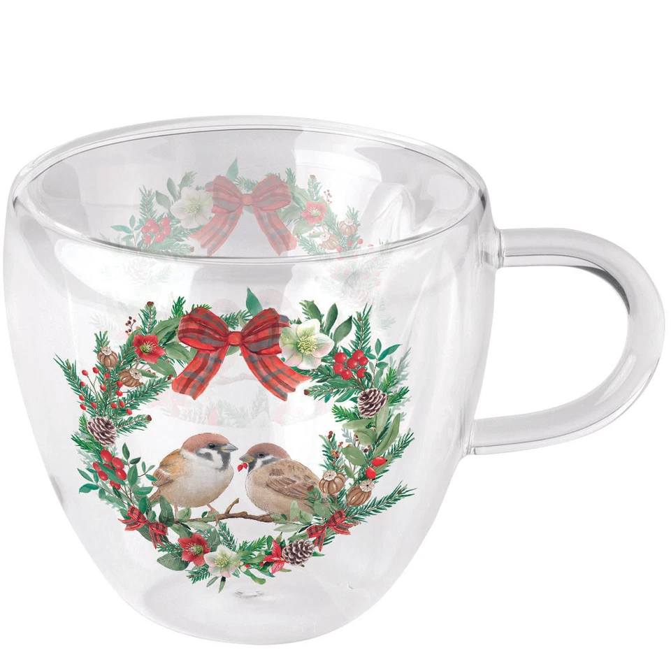 Weihnachten - Doppelwandiger Glasbecher - 9,5 cm x Ø 10 cm - Sparrows in wreath - Bild 1 von 1