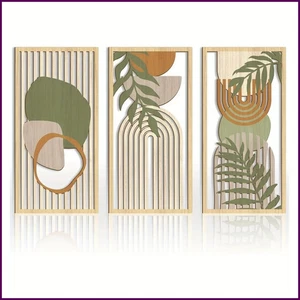 3PCS Arte Astratta da Parete in Legno Verde Salvia, Sculture da Parete in Legno Geometriche, Moderno - Foto 1 di 24
