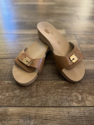 Dr Scholls Classic Original Slide Wooden Sandals TAN LEATHER Size 10 - Image 1 of 4