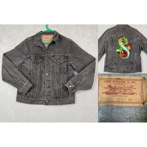 Vintage Levis 80's Black Denim Trucker Jacket Dragon Graphic Size 40 USA - Picture 1 of 18