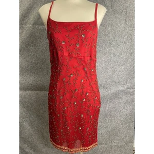 Abito Slip Vintage Express Seta Perline Rosso Oro Floreale Cocktail Y2K Taglia 11/12 - Foto 1 di 8