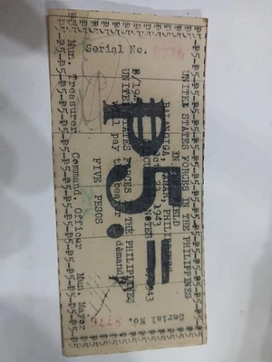 Billete de un peso Balangiga Samar 1943 guerrilla filipina Segunda Guerra Mundial en muy buen estado Foto 1 de 2